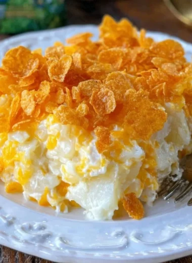 Baked cheesy potatoes casserole with cheese and crispy topping