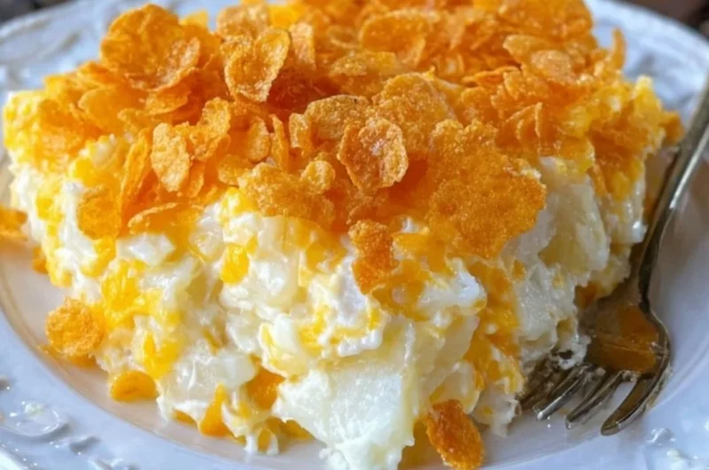 Baked cheesy potatoes casserole with cheese and crispy topping