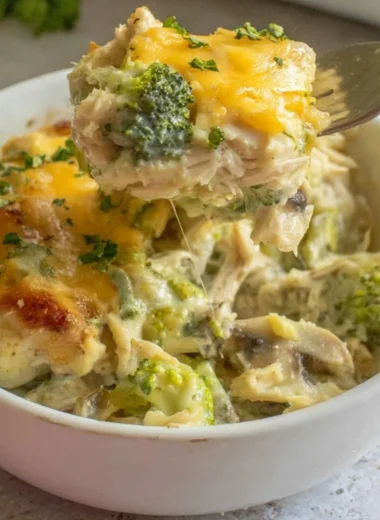 Cheesy Turkey Broccoli Casserole in a baking dish, ready to serve.
