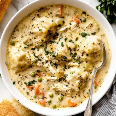 A bowl of homemade Chicken Dumpling Soup with tender dumplings and vegetables.