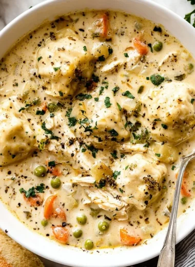 A bowl of homemade Chicken Dumpling Soup with tender dumplings and vegetables.