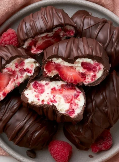 Chocolate strawberry yogurt clusters with fresh strawberries and chocolate drizzle
