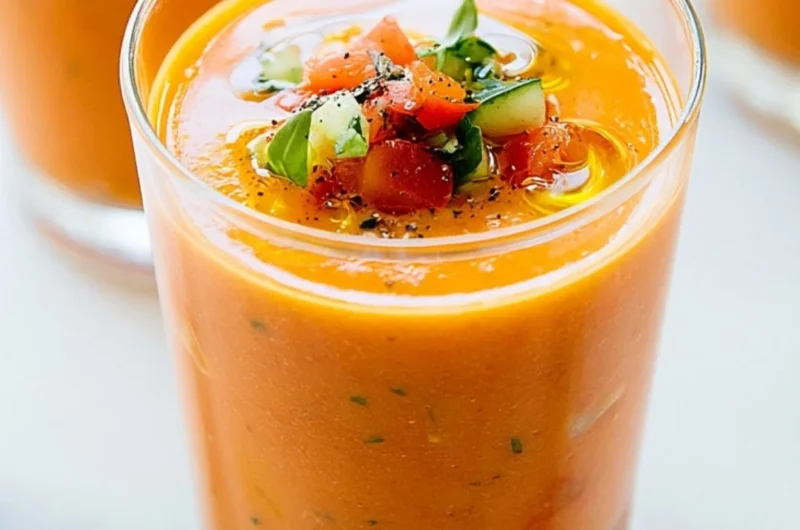 Bowl of classic gazpacho made with fresh tomatoes and vegetables