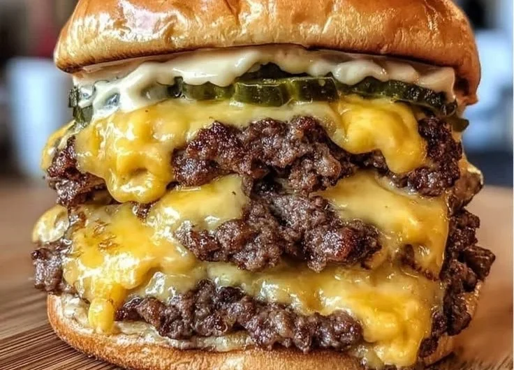 Delicious Crack Burgers stacked with toppings on a wooden table.