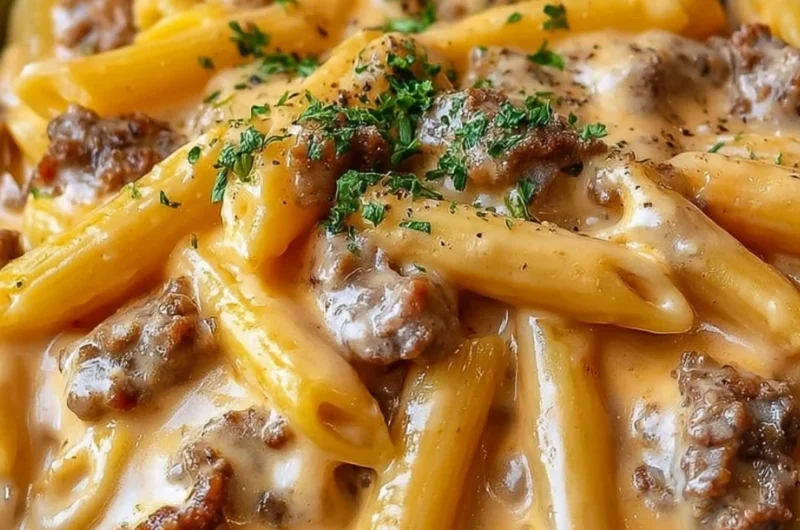 Creamy beef pasta dish served in a bowl with parsley garnish.