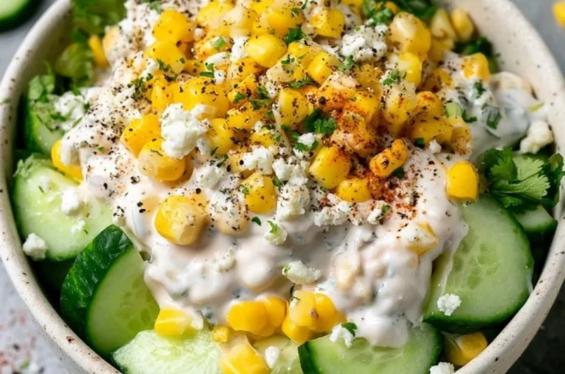 Creamy Corn Cucumber Salad with fresh vegetables in a bowl