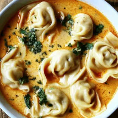 Delicious creamy Thai Dumpling Soup served in a bowl with herbs and dumplings.