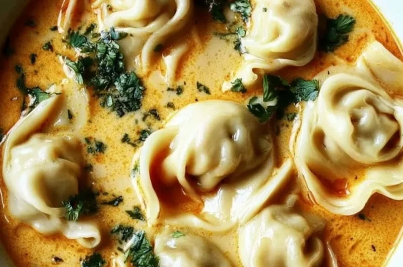 Delicious creamy Thai Dumpling Soup served in a bowl with herbs and dumplings.