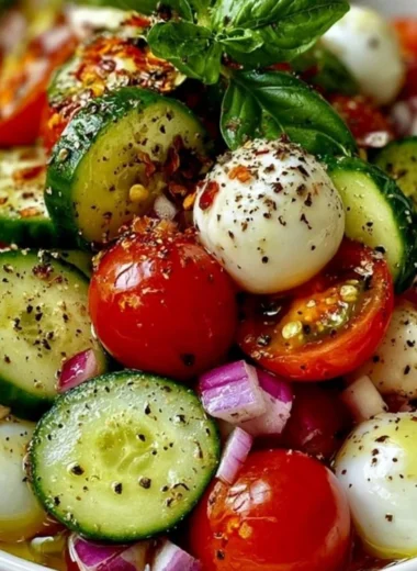 Cucumber Caprese salad with fresh mozzarella, basil, and cherry tomatoes