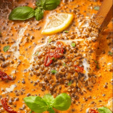 Decadent lentil dish with vibrant vegetables and spices