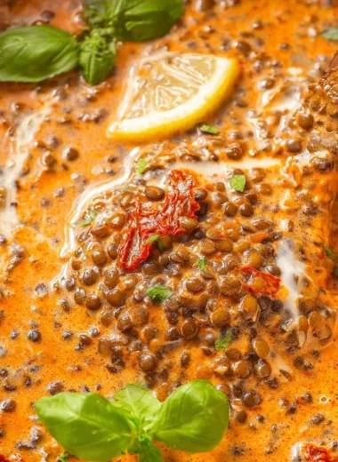 Decadent lentil dish with vibrant vegetables and spices
