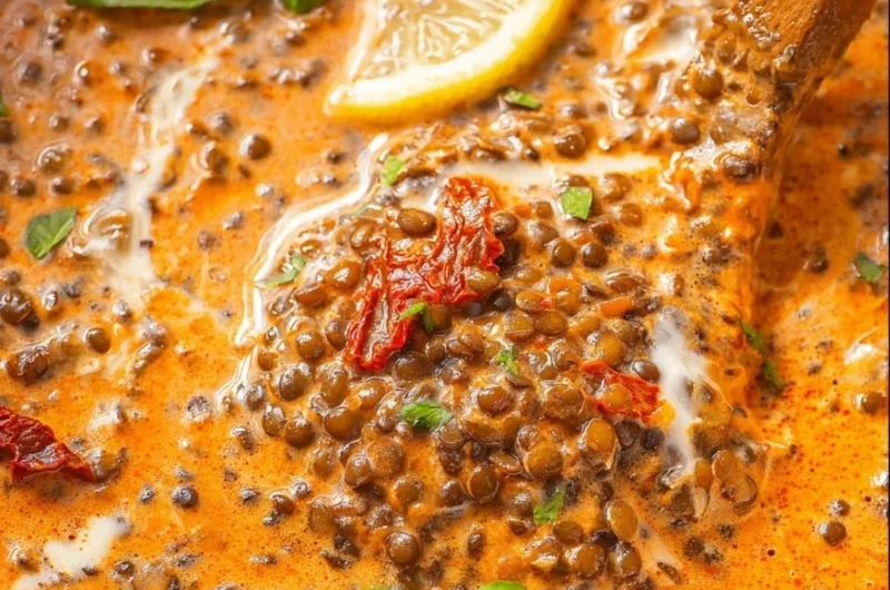 Decadent lentil dish with vibrant vegetables and spices