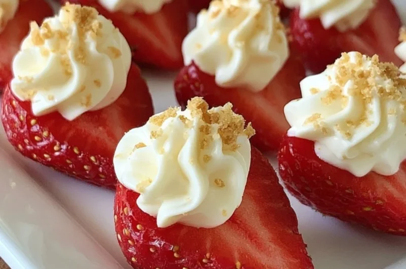 Delicious deviled strawberries topped with creamy filling on a plate