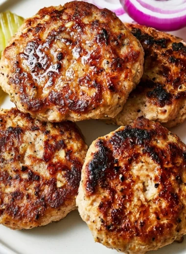 Healthy turkey burger on a plate with fresh vegetables and condiments.