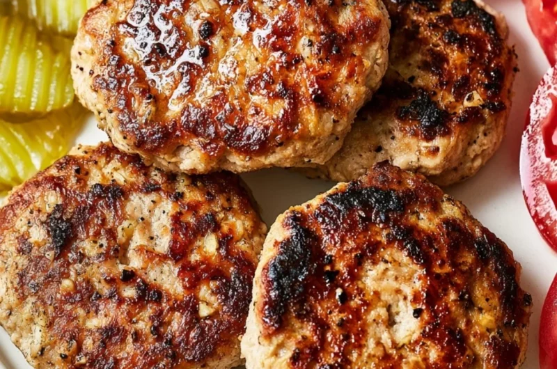 Healthy turkey burger on a plate with fresh vegetables and condiments.