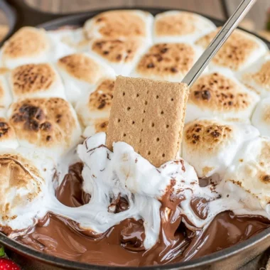 Delicious and easy ooey-gooey s'mores dip served with graham crackers and chocolate