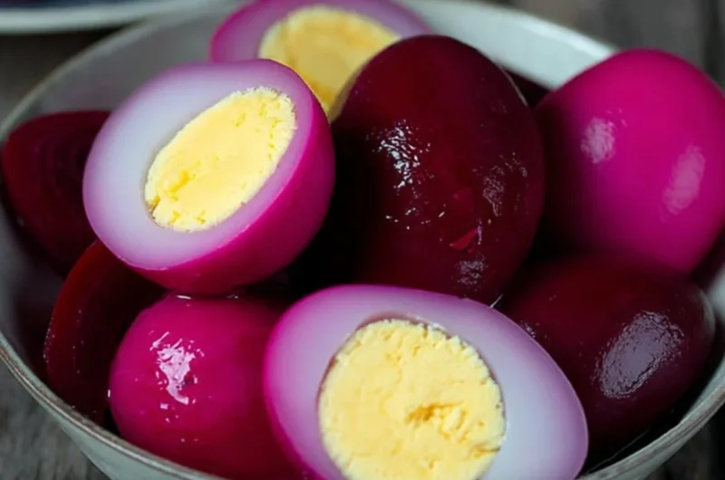 Delicious easy pickled eggs in a jar ready to serve.