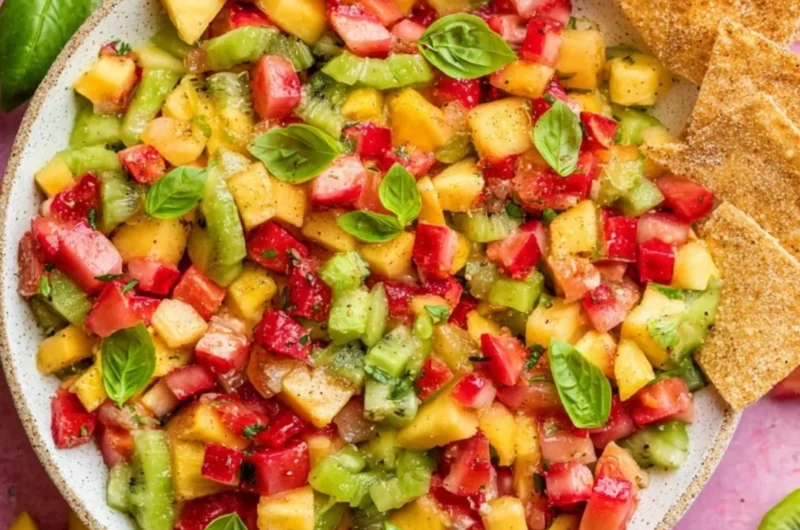 Fresh fruit salsa served with cinnamon sugar chips on a platter.