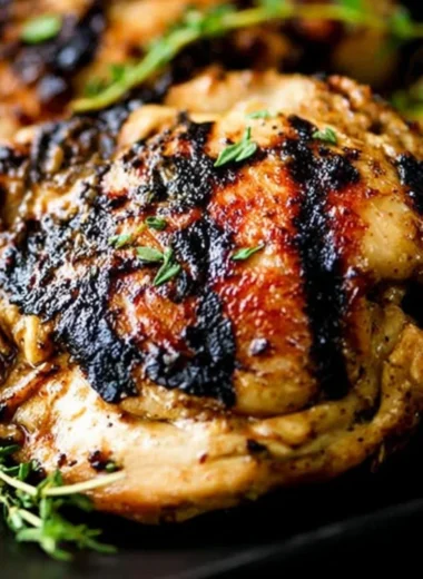 Grilled apple cider thyme chicken garnished with fresh thyme and served on a plate.