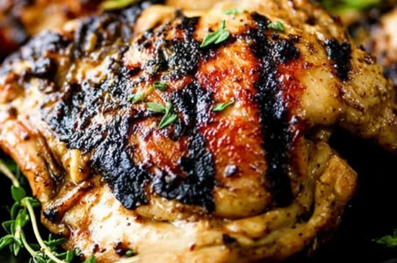 Grilled apple cider thyme chicken garnished with fresh thyme and served on a plate.