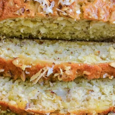 Delicious Hawaiian banana bread with pineapple, coconut, and macadamia nuts.