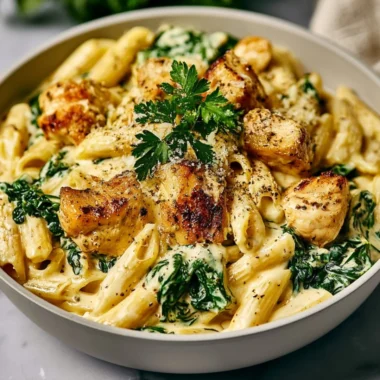 Healthy Garlic Parmesan Chicken Pasta on a plate garnished with herbs