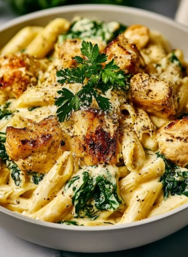 Healthy Garlic Parmesan Chicken Pasta on a plate garnished with herbs