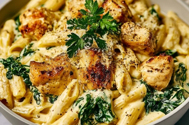 Healthy Garlic Parmesan Chicken Pasta on a plate garnished with herbs
