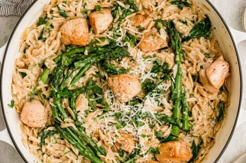 High protein chicken orzo dish with vegetables and herbs