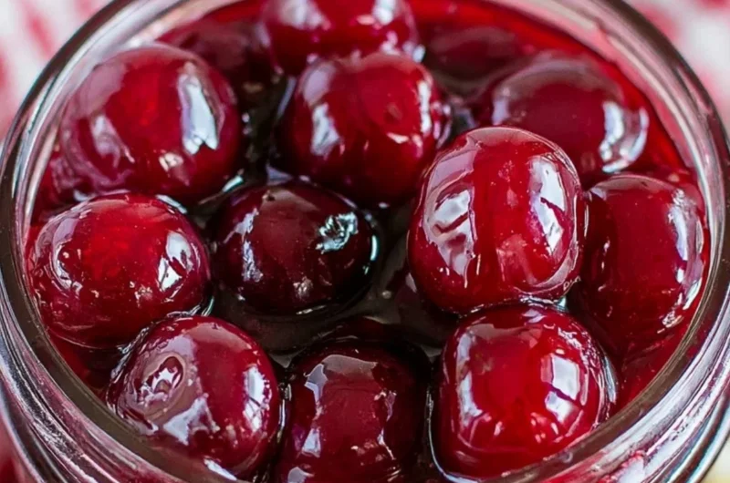A bowl of homemade cherry sauce made with ripe cherries.