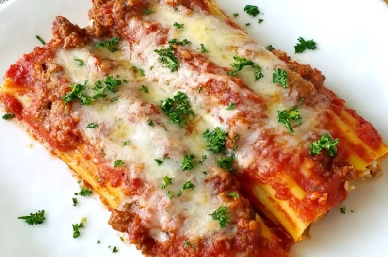 Delicious baked manicotti filled with Italian sausage and cheese