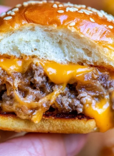 Delicious juicy cheeseburger sliders on Hawaiian rolls served on a platter.