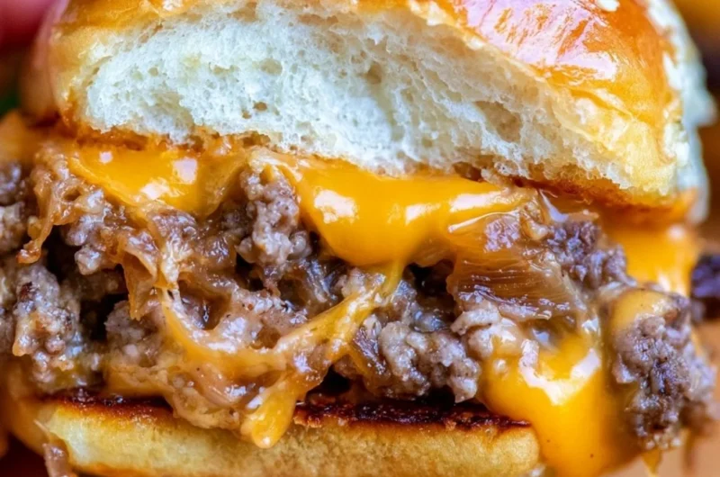 Delicious juicy cheeseburger sliders on Hawaiian rolls served on a platter.