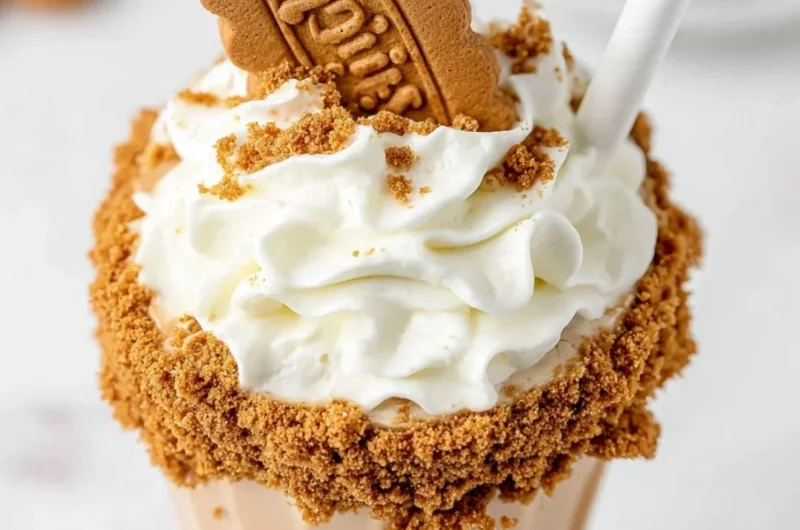 Delicious Lotus Biscoff milkshake topped with crushed cookies