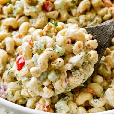 Delicious homemade macaroni salad served in a bowl