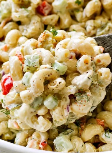 Delicious homemade macaroni salad served in a bowl