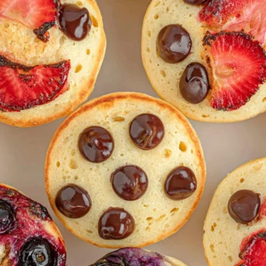 Delicious mini pancake muffins served on a plate with syrup and berries