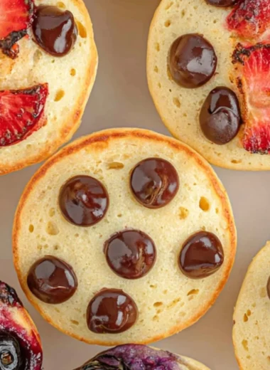 Delicious mini pancake muffins served on a plate with syrup and berries