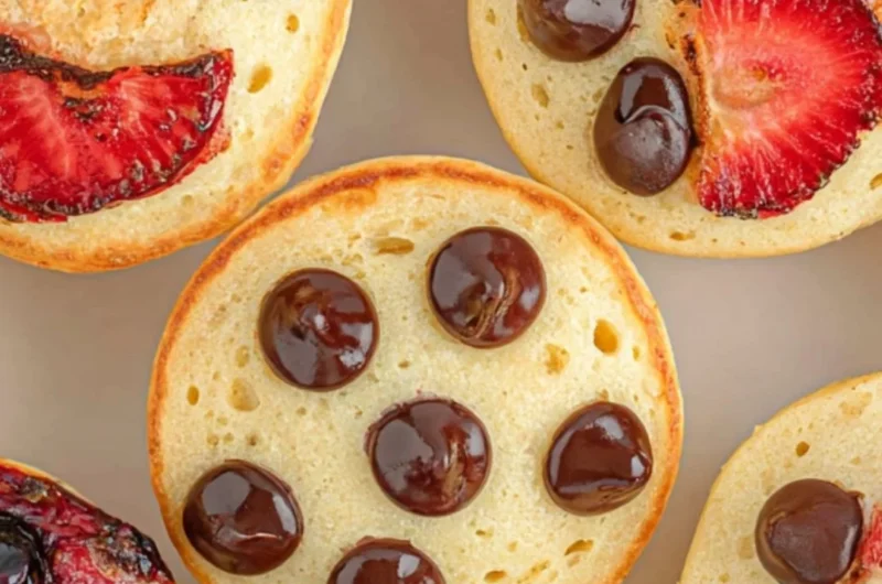 Delicious mini pancake muffins served on a plate with syrup and berries