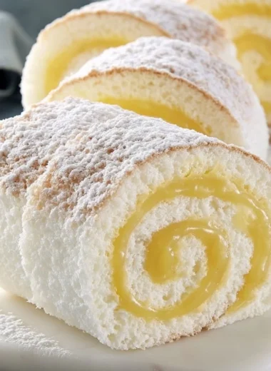 Moist lemon angel cake roll with fresh lemon and fluffy texture