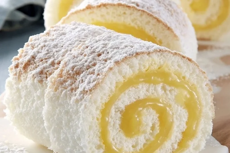 Moist lemon angel cake roll with fresh lemon and fluffy texture