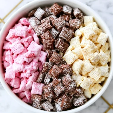 Bowl of homemade Neapolitan Puppy Chow featuring chocolate, strawberry, and vanilla flavors.