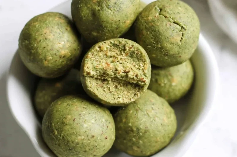 Delicious no bake matcha snack bites on a plate
