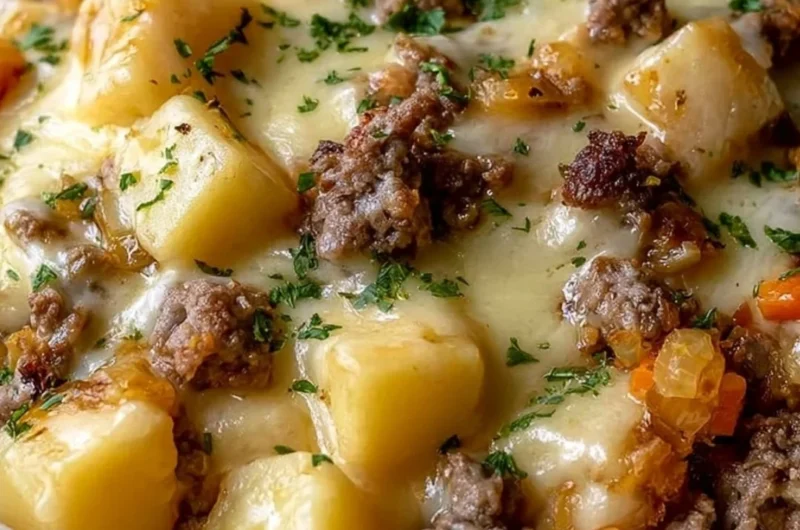 One-Pan Cheesy Meat & Potato Skillet dish ready to serve