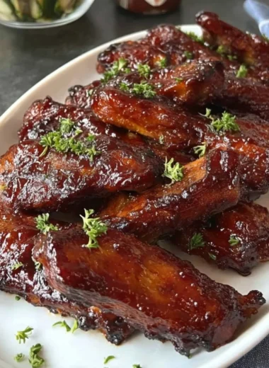 Delicious oven-roasted country-style pork ribs garnished with herbs