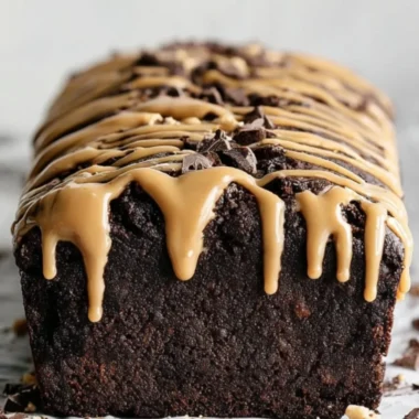Slice of peanut butter chocolate banana bread on a wooden table