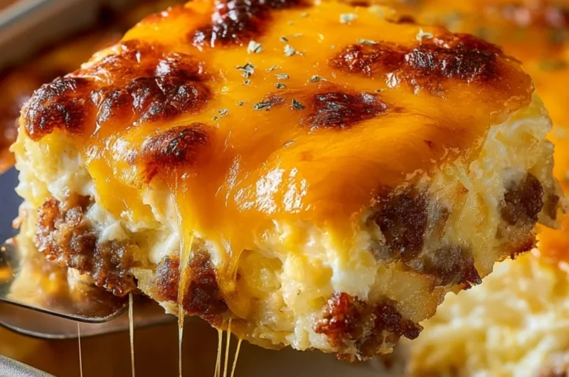 Sausage, egg, and cream cheese hashbrown casserole fresh from the oven.