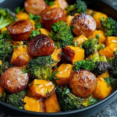 Sheet pan sausage and sweet potatoes dish with honey garlic sauce, ready to serve.