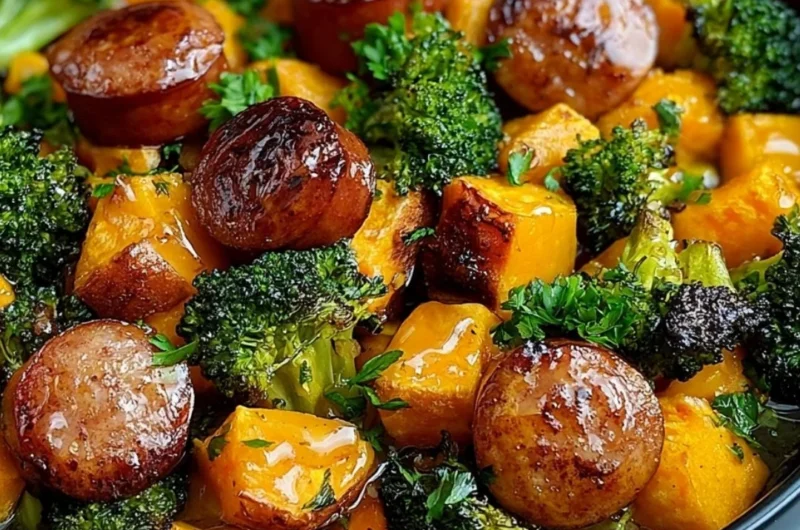 Sheet pan sausage and sweet potatoes dish with honey garlic sauce, ready to serve.