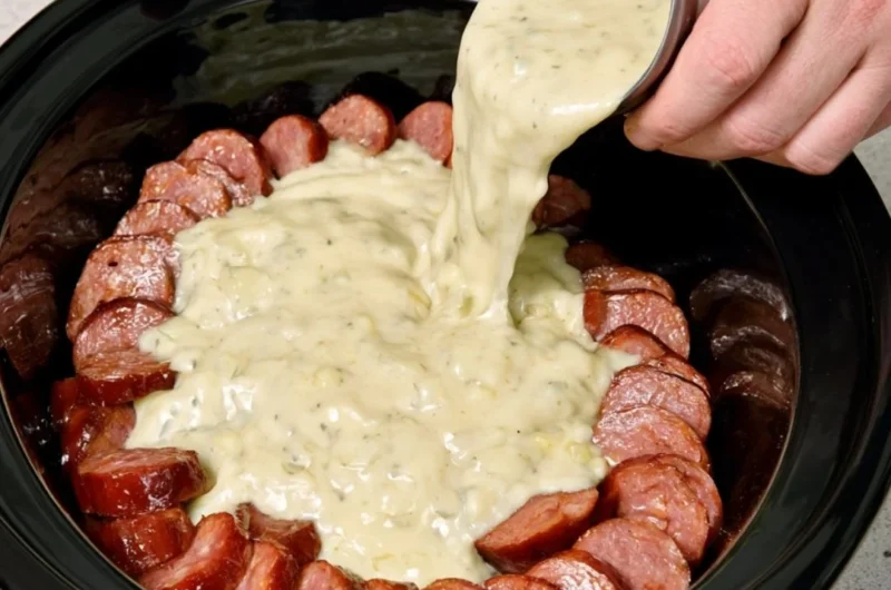 Slow cooker Amish-style sausage noodle bake in a ceramic dish
